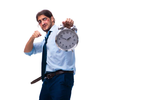 Ongelukkig jong mannelijk werknemer in time management concept — Stockfoto