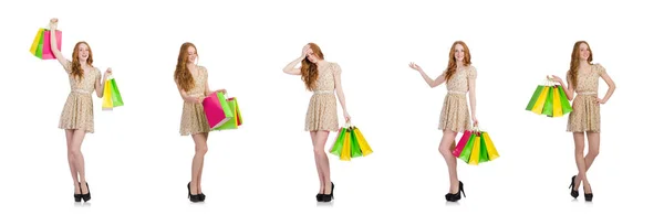 Mulher depois de fazer compras isolado no branco — Fotografia de Stock