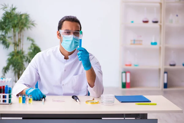 Jonge mannelijke chemicus werkzaam in het lab — Stockfoto