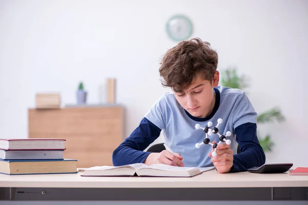 Schoolboy olhando para modelo molecular em casa — Fotografia de Stock