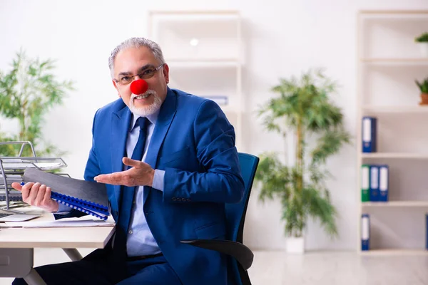 Vieil homme d'affaires clown travaillant dans le bureau — Photo