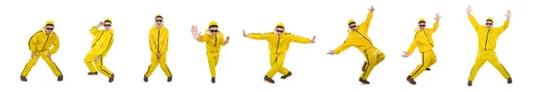 Hombre en traje amarillo aislado en blanco — Foto de Stock