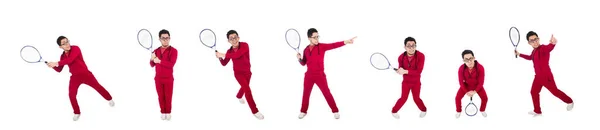하얀 바탕에 고립된 재미있는 테니스 선수 — 스톡 사진