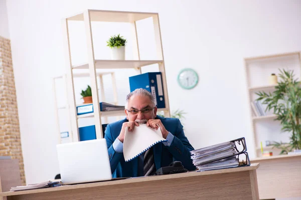 Alte Buchhalterin unzufrieden mit exzessiver Arbeit am Arbeitsplatz — Stockfoto