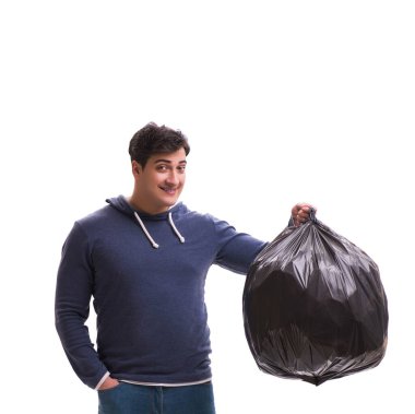 Çöp torbası olan adam beyazda izole edilmiş.