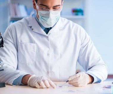 Laboratuvar asistanı hastanede kan örneklerini test ediyor.