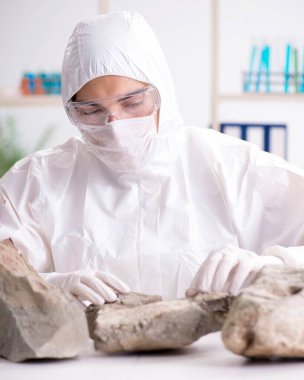 Bilimadamları laboratuarda taş örnekleri arıyor.