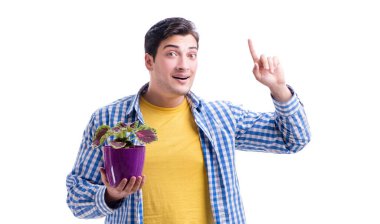 Çiçek saksısı olan genç adam beyaz tencereye izole edilmiş.