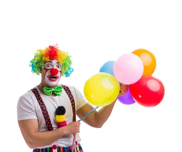 有趣的小丑与气球隔离在白色的背景 — 图库照片