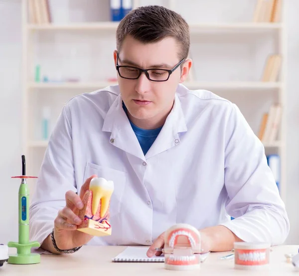 Tandarts werkende tanden implanteren in medisch lab — Stockfoto