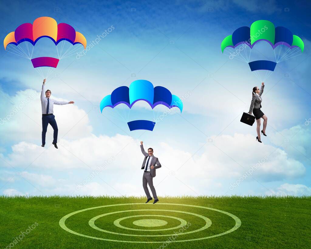 Business people falling down on parachutes