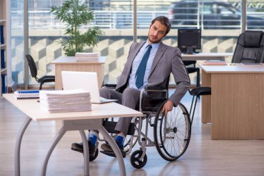 Ofiste çalışan, tekerlekli sandalyede çalışan genç bir erkek.