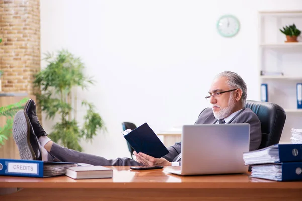 Gammal manlig affärsman anställd läsa riktlinjer på kontoret — Stockfoto