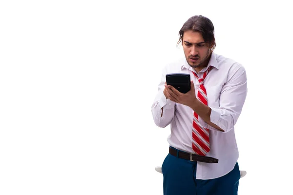 Jonge mannelijke boekhouder met rekenmachine geïsoleerd op wit — Stockfoto