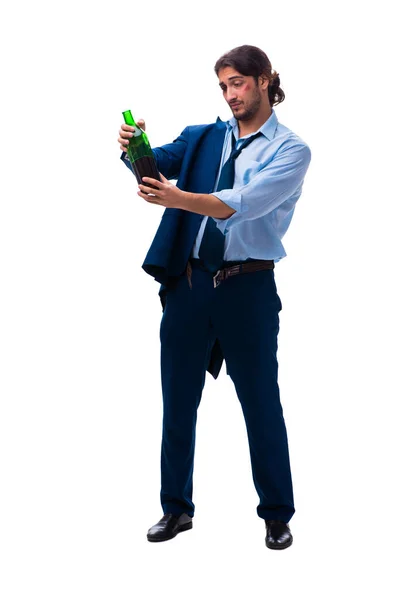 Young male employee alcoholic isolated on white — Stock Photo, Image