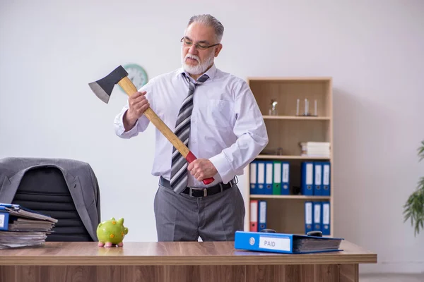 Yaşlı bir erkek çalışanın bütçe planlama konseptine el koyması — Stok fotoğraf
