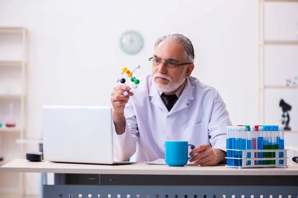 Old male scientist studying molecular model — Stock Photo, Image