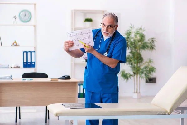 Stary lekarz kardiolog patrząc elektrokardiogram — Zdjęcie stockowe
