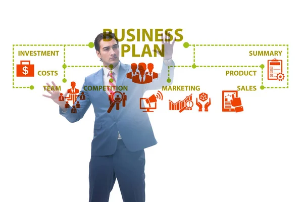 Business plan concept met zakenman druk op de knop — Stockfoto