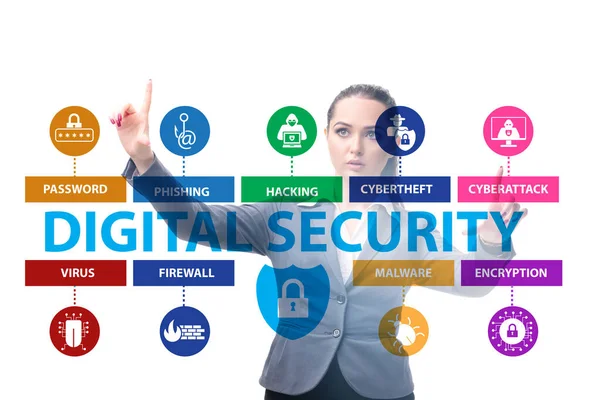 Ψηφιακή ασφάλεια έννοια με businesswoman πατώντας κουμπί — Φωτογραφία Αρχείου