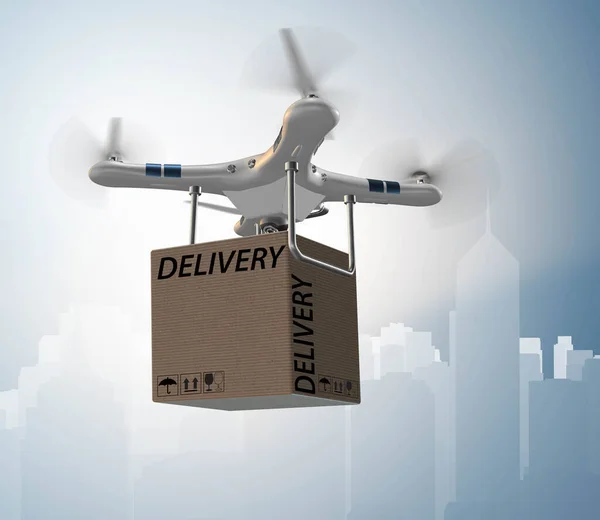 Concetto di consegna drone con box in aria - rendering 3d — Foto Stock