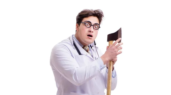 Grappige dokter met bijl geïsoleerd op wit — Stockfoto