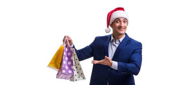 Jovem com sacos após o Natal compras em fundo branco — Fotografia de Stock