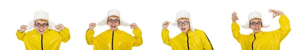 Hombre en traje amarillo con sombrero cálido de invierno — Foto de Stock