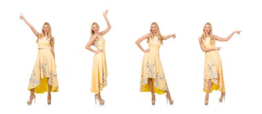 Whit 'in üzerinde çiçek izleri olan çekici elbiseli sarışın kız.