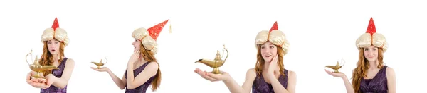 Pretty girl holding magic lamp isolated on white — Stock Photo, Image