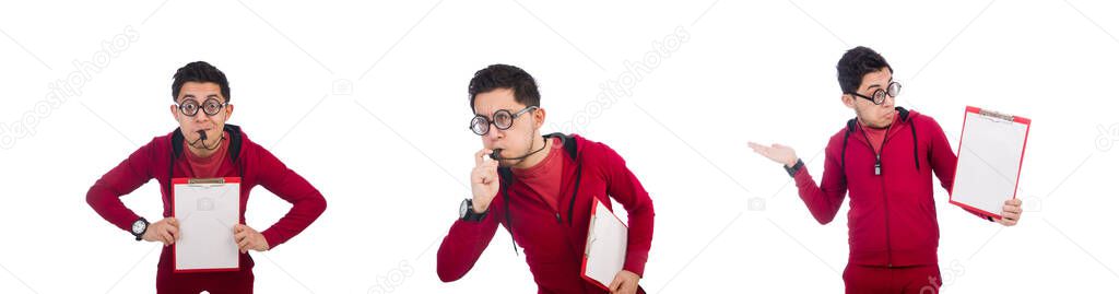 Funny sportsman holding diary isolated on white — Stock Image Funny sportsman holding diary isolated on white Stock Picture