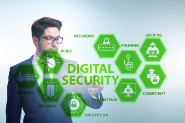 İş adamı tuşuna basılı dijital güvenlik kavramı