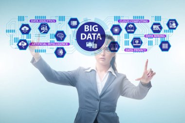 Sanal düğmeye basan iş kadınıyla ilgili büyük veri kavramı