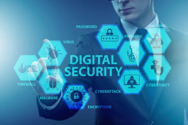 İş adamı tuşuna basılı dijital güvenlik kavramı