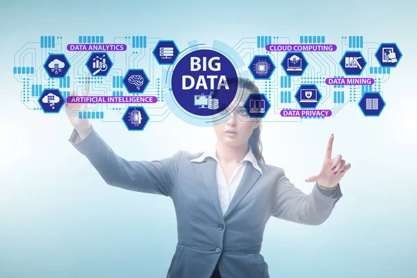 Concetto di Big Data con donna d'affari premendo il pulsante virtuale — Foto Stock