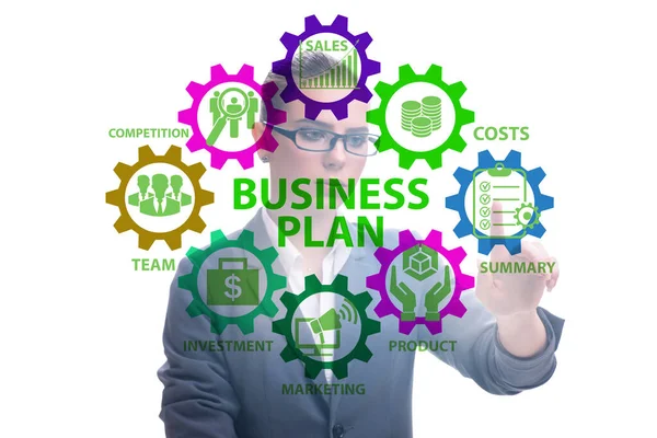 Business plan concept met zakenvrouw druk op de knop — Stockfoto