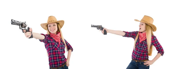 Cowgirl Frau mit Waffe isoliert auf weiß — Stockfoto