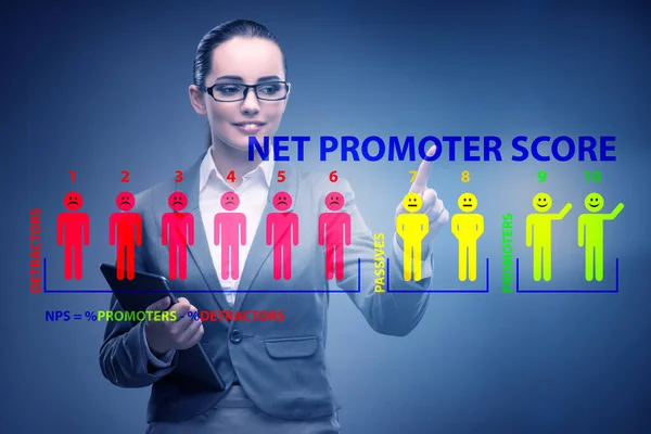 Net Promoter Score NPS concept met zakenvrouw op virtu — Stockfoto