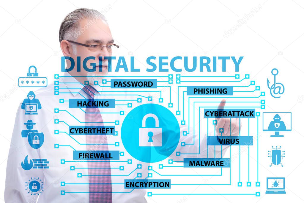 Digital security concept with businessman pressing button