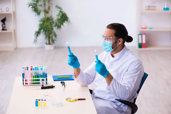 Jonge mannelijke chemicus werkzaam in het lab — Stockfoto