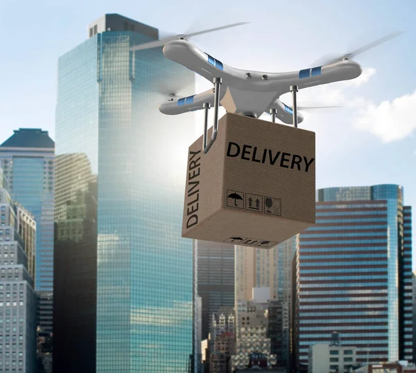 Koncept dodávky dronů s krabicí ve vzduchu — Stock fotografie
