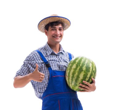 Beyaz izole karpuz ile genç çiftçi