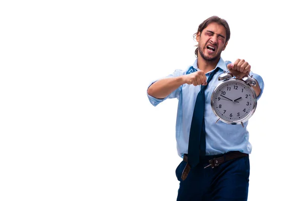 Ongelukkig jong mannelijk werknemer in time management concept Stockfoto