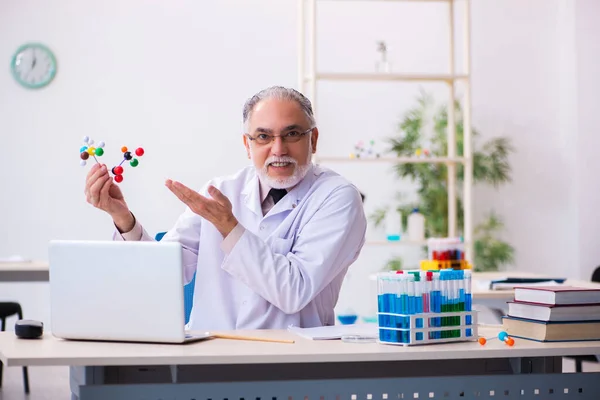 Alter männlicher Wissenschaftler untersucht molekulares Modell — Stockfoto