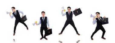 Hoparlörü beyaz olan genç iş adamı.