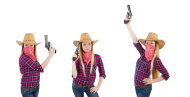 Silahlı kadın kovboy beyazlara izole edilmiş.