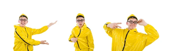 Hombre en traje amarillo aislado en blanco — Foto de Stock