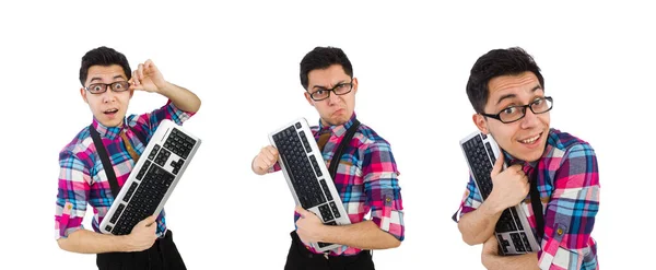 Computer-Nerd mit Tastatur isoliert auf weiß — Stockfoto