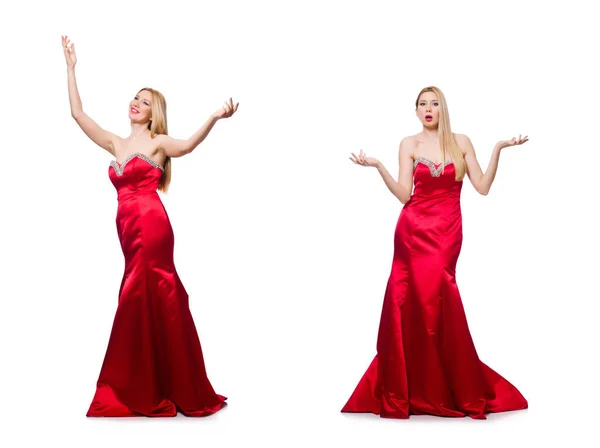 Mulher em vestido de noite vermelho bonito isolado no branco — Fotografia de Stock