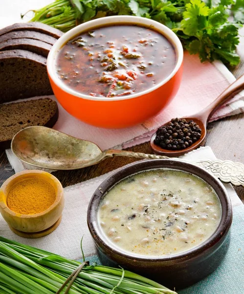 Borschtsch und Pilzsuppe auf dem Tisch — Stockfoto